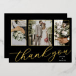 Gold Foil Script 3-Photo Wedding Thank You Card Folie Uitnodiging<br><div class="desc">This design features beautiful script text and 3 photos of the newlyweds. Click the customize button for more flexibility in modifying the text/photo! Variations of this design, additional colors, as well as coordinating products are available in our shop, zazzle.com/store/doodlelulu. Contact us if you need this design applied to a specific...</div>