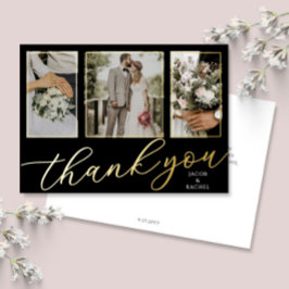Gold Foil Script 3-Photo Wedding Thank You Card Folie Uitnodiging