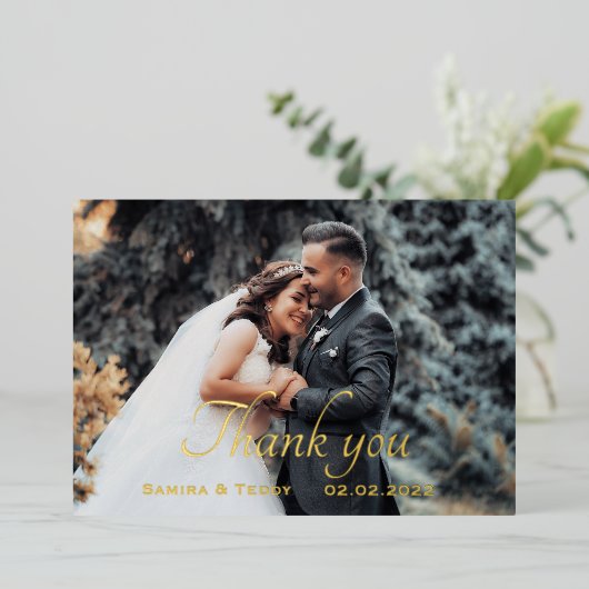 Gold foil script bruiloft dank je creditcard folie uitnodiging (Staand Voorkant)