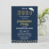 Gold Foil Script Confetti Graduation Party Blue Kaart (Staand voorkant)