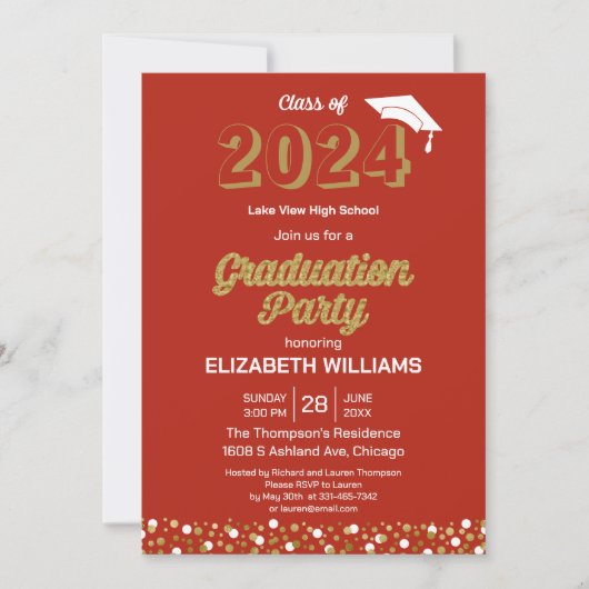 Gold Foil Script Confetti Graduation Party Red Kaart (Voorkant)