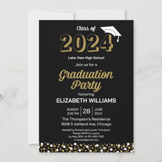 Gold Foil Script Confetti Graduparty Black Kaart (Voorkant)