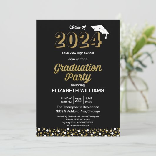 Gold Foil Script Confetti Graduparty Black Kaart (Staand voorkant)