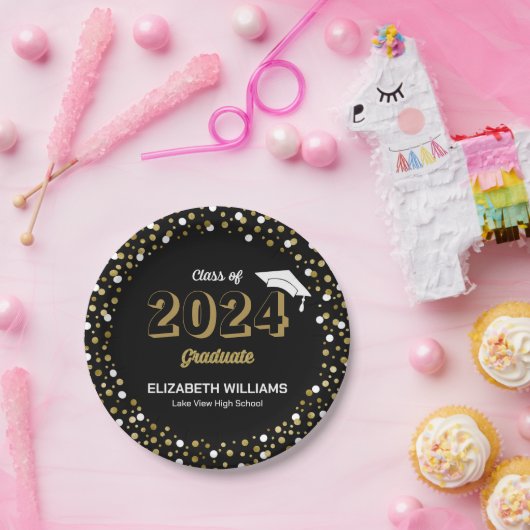 Gold Foil Script Confetti Graduparty Black Papieren Bordje (Feest)