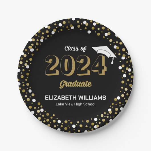 Gold Foil Script Confetti Graduparty Black Papieren Bordje (Voorkant)
