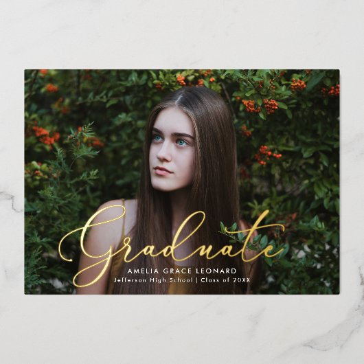 Gold Foil Script Foto Afstuderen kondiging Folie Uitnodiging (Voorkant)