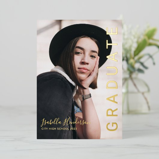 Gold Foil Script Foto Afstuderen kondiging Folie Uitnodiging (Staand Voorkant)