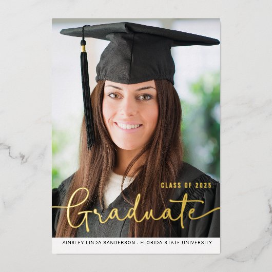 Gold Foil Script Foto Afstuderen kondiging Folie Uitnodiging (Voorkant)