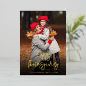 Gold foil script happy thanksgiving fotokaart folie feestdagenkaart (Staand Voorkant)
