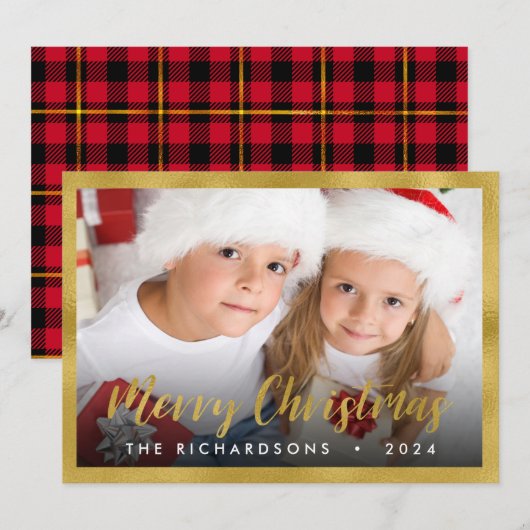 Gold Foil Script Merry Kerstfamilie Foto (Voorkant / Achterkant)