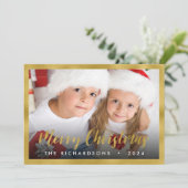 Gold Foil Script Merry Kerstfamilie Foto Holi Feestdagenkaart (Staand voorkant)