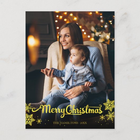 Gold Foil Script Photo Snowflake Christmas Briefkaart (Voorkant)