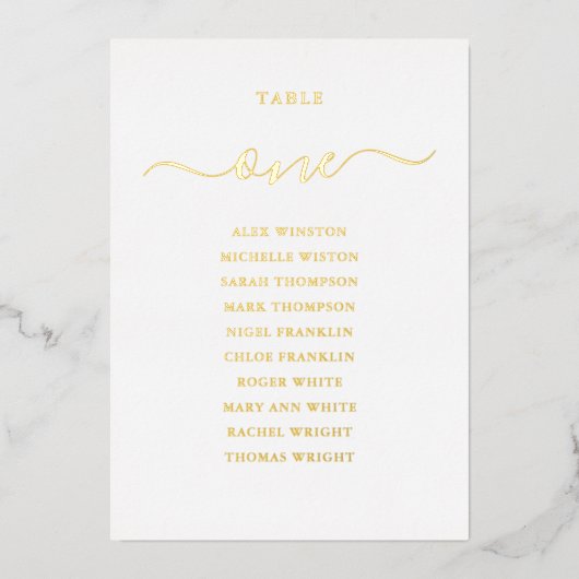 Gold Foil Script Table Number Seating Chart Folie Uitnodiging (Voorkant)