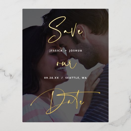 Gold Foil Script Vellum Kijk naar de foto Save the Folie Uitnodiging Briefkaart (Voorkant)