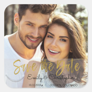 Gold Foil Script Weddenschap Save the Date Photo Vierkante Sticker