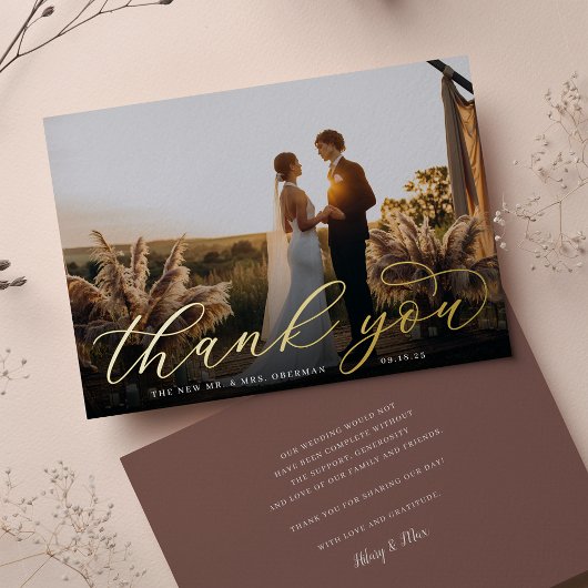 Gold Foil Script Weduwfoto Hartelijk dank Folie Uitnodiging