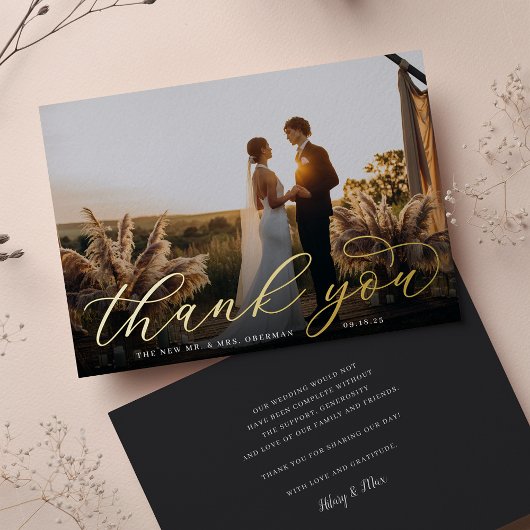 Gold Foil Script Weduwfoto Hartelijk dank Folie Uitnodiging