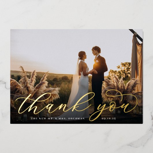 Gold Foil Script Weduwfoto Hartelijk dank Folie Uitnodiging (Voorkant)
