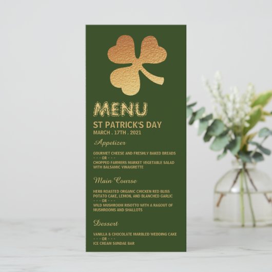 Gold Foil Shamrock, St Patrick's Day Menu Kaart (Staand voorkant)