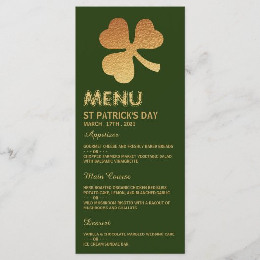 Gold Foil Shamrock, St Patrick's Day Menu Kaart (Voorkant)