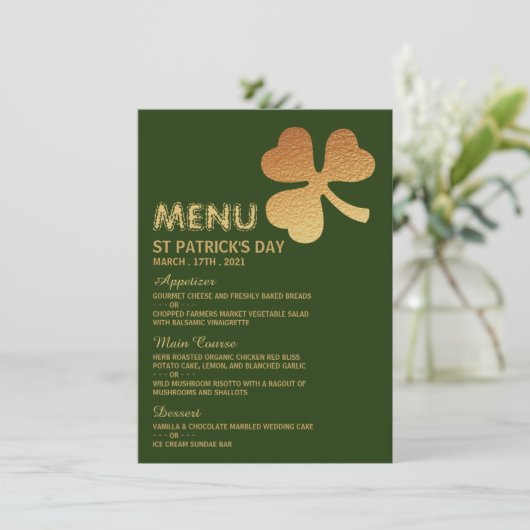 Gold Foil Shamrock, St Patrick's Day Menu Kaart (Staand voorkant)