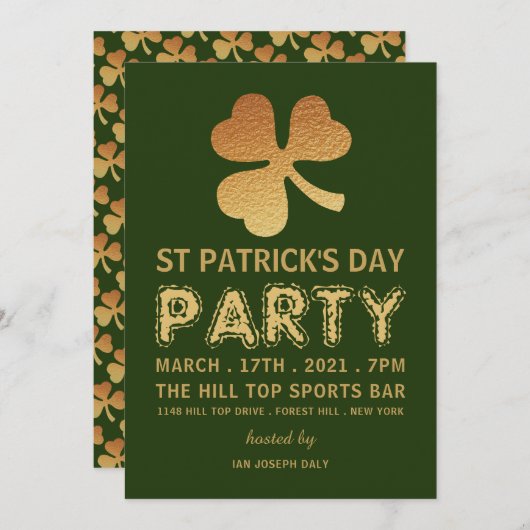 Gold Foil Shamrock, St Patrick's Day Party Kaart (Voorkant / Achterkant)