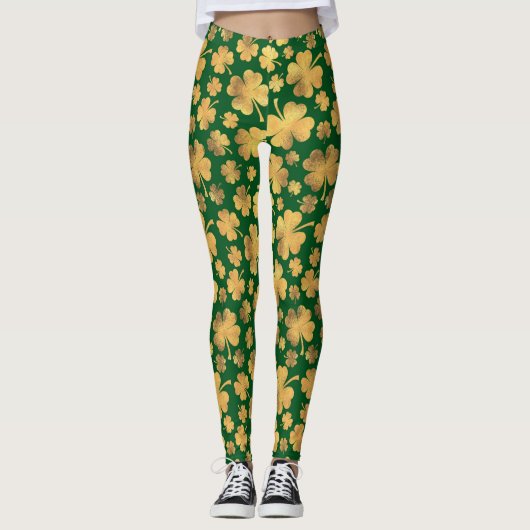 Gold Foil Shamrocks Lucky Clovers St. Paddy's Day Leggings (Voorkant)