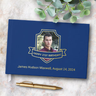Gold Foil Shield op Royal Blue Photo Verjaardag Gastenboek