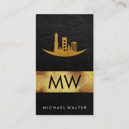Gold Foil Skyline | Lederen monogram Visitekaartje (Voorkant)