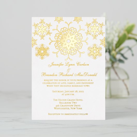 Gold Foil Snowflakes Wedding Invite Folie Uitnodiging (Staand Voorkant)