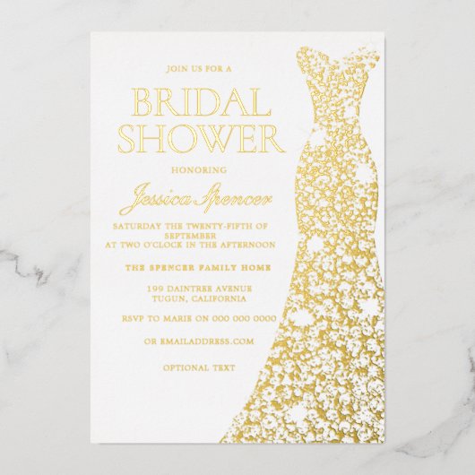 Gold Foil Sparkle Dress Weddenschap Vrijgezellenfe Folie Uitnodiging (Voorkant)