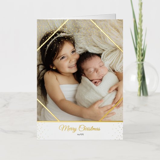 Gold Foil Sparkle Familie Foto Kerst Kaart (Voorkant)