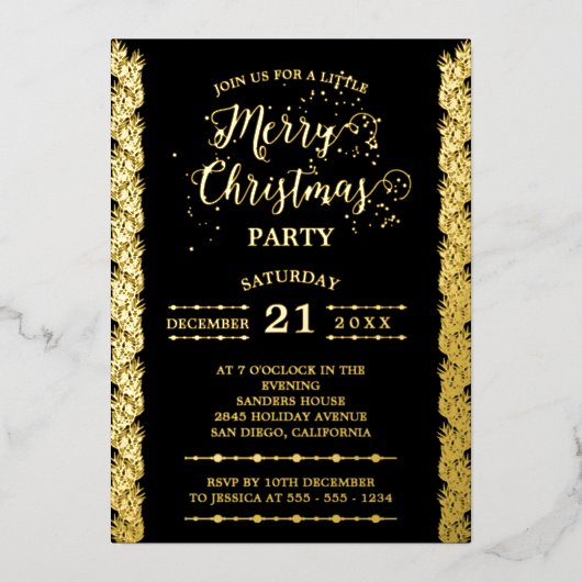 Gold Foil Sparkles Merry Kerstparty Black Folie Uitnodiging (Voorkant)