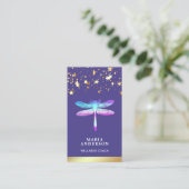 Gold Foil Stars Confetti Paarse Dragonfly Visitekaartje (Staand voorkant)