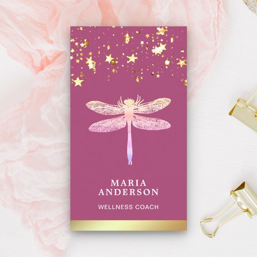 Gold Foil Stars Confetti Pink Dragonfly Visitekaartje