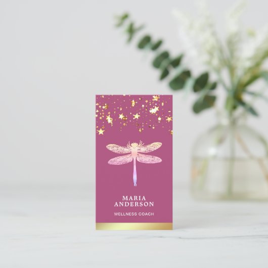 Gold Foil Stars Confetti Pink Dragonfly Visitekaartje (Staand voorkant)