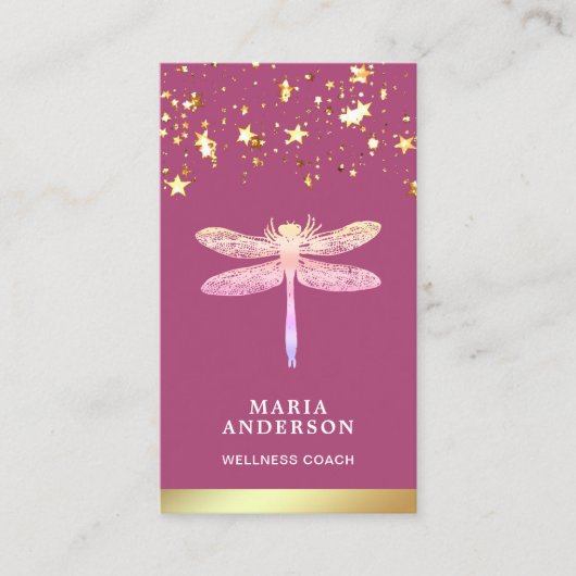 Gold Foil Stars Confetti Pink Dragonfly Visitekaartje (Voorkant)