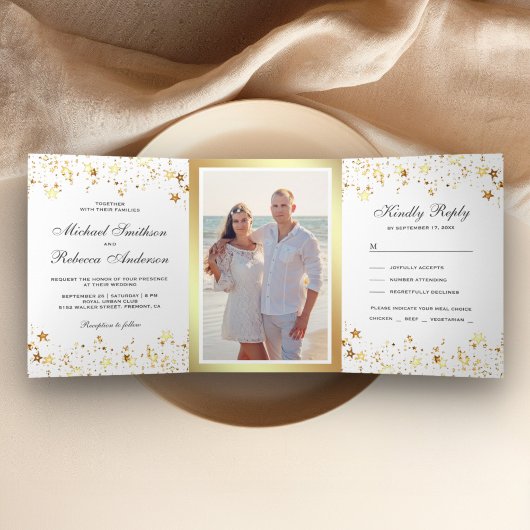 Gold Foil Stars Confetti White Wedding Drieluik Uitnodiging