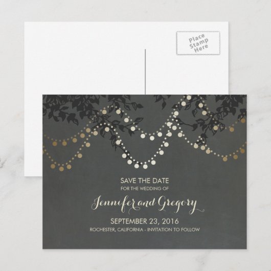 Gold Foil String Lights Bewaar de datum Aankondigingskaart (Voorkant / Achterkant)