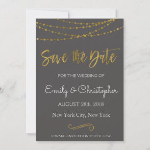 Gold Foil String Lights en Script Save the Date