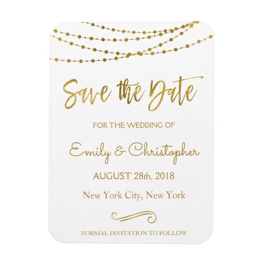 Gold Foil String Lights en Script Sla de datum op Magneet (Verticaal)