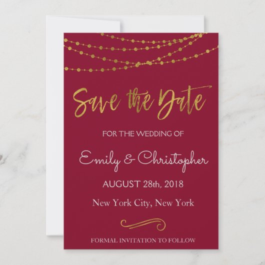 Gold Foil String Lights en Script Sla de datum op Save The Date (Voorkant)