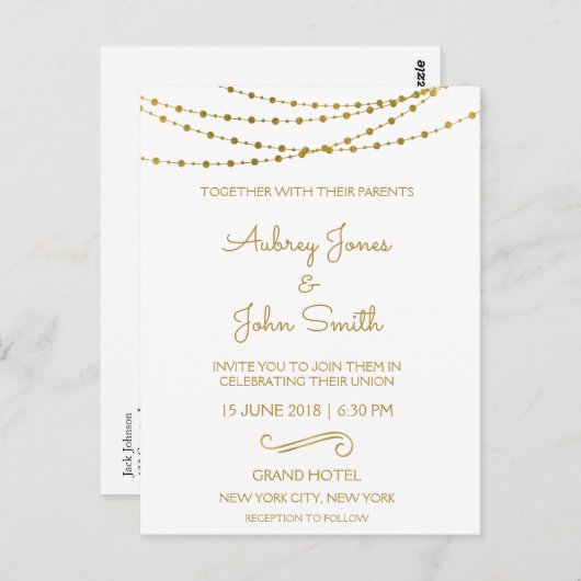 Gold Foil String Lights en Script Wedding Briefkaart (Voorkant / Achterkant)