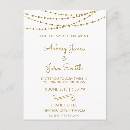 Gold Foil String Lights en Script Wedding Briefkaart (Voorkant)