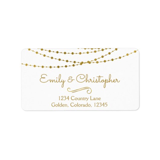 Gold Foil String Lights en Script Wedding Etiket (Voorkant)