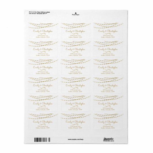 Gold Foil String Lights en Script Wedding Etiket (Full Sheet)