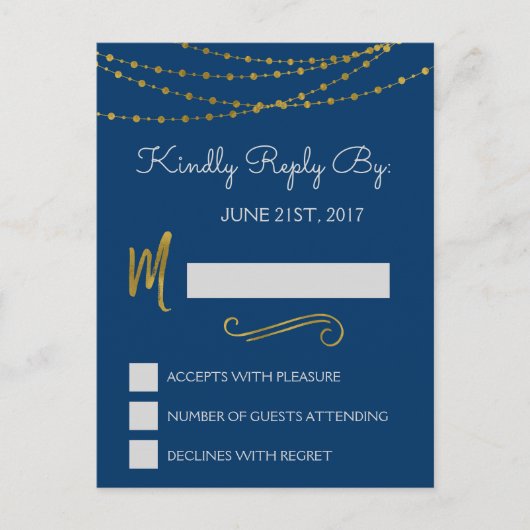 Gold Foil String Lights & Script RSVP Reply Kaart (Voorkant)