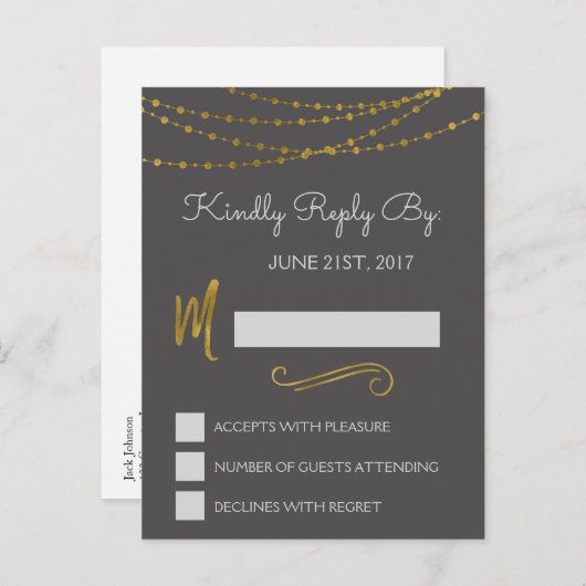 Gold Foil String Lights & Script RSVP Reply Kaart (Voorkant / Achterkant)