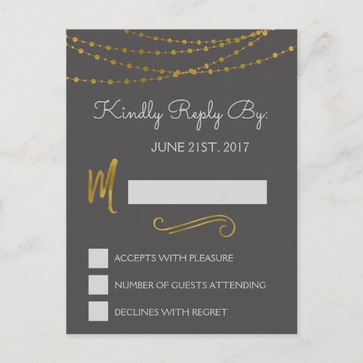 Gold Foil String Lights & Script RSVP Reply Kaart (Voorkant)