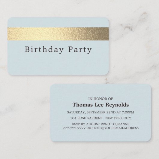 Gold Foil Stripe/Powder Blue/Birthday Party Ticket (Voorkant / Achterkant)
